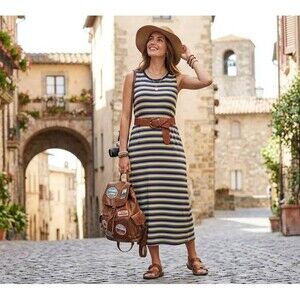 Time & Tru Multi Stripe Sleeveless Tank Dress Large 12-14 Rayon With Pockets